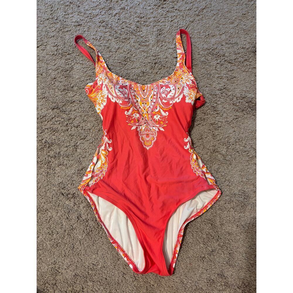 Carmen Marc valvo orange paisley rhinestone cut out one piece sz 6